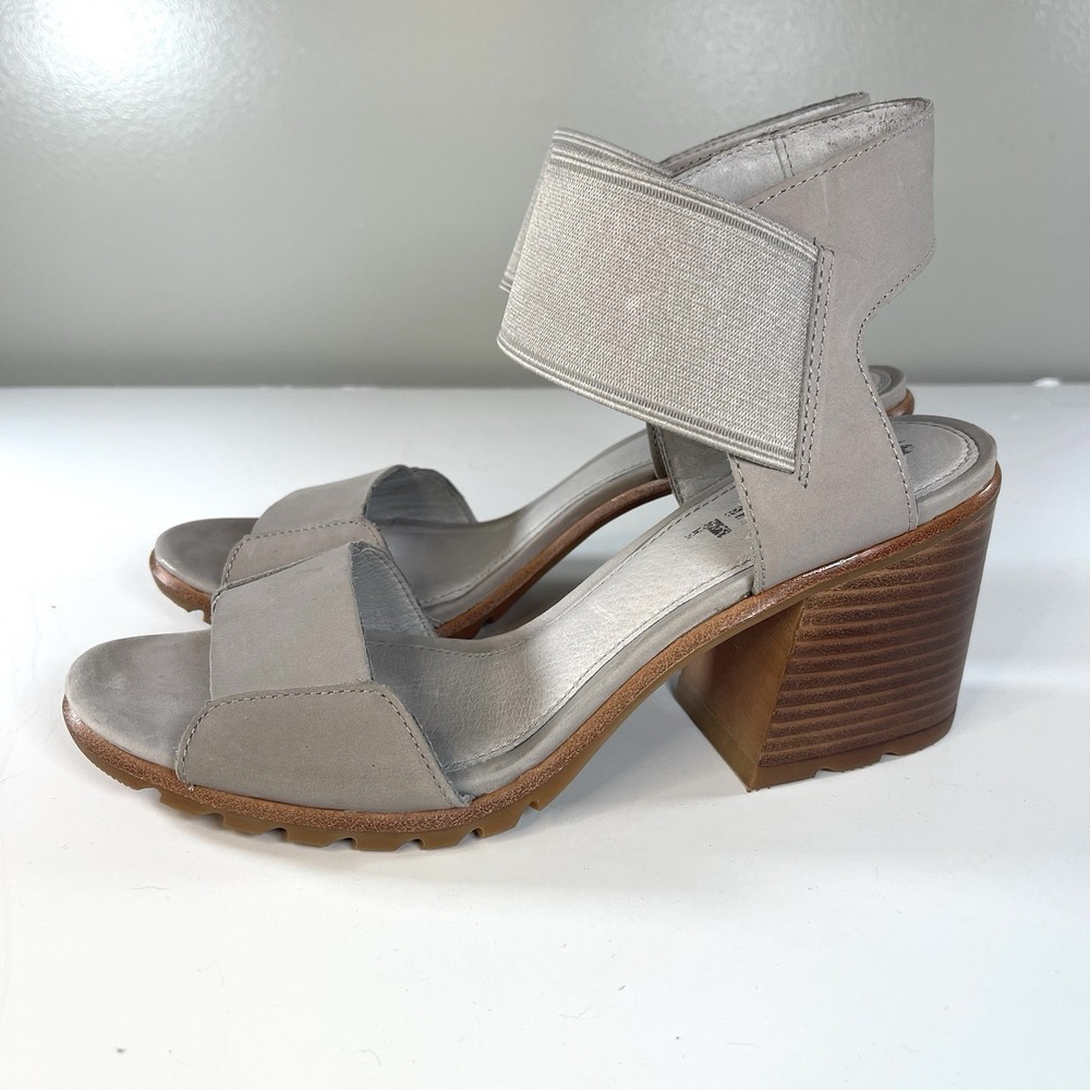 SOREL‎ Nadia Women's Leather Ankle Strap Sandals US 9.5 GRAY STRIPE BLOCK HEELS